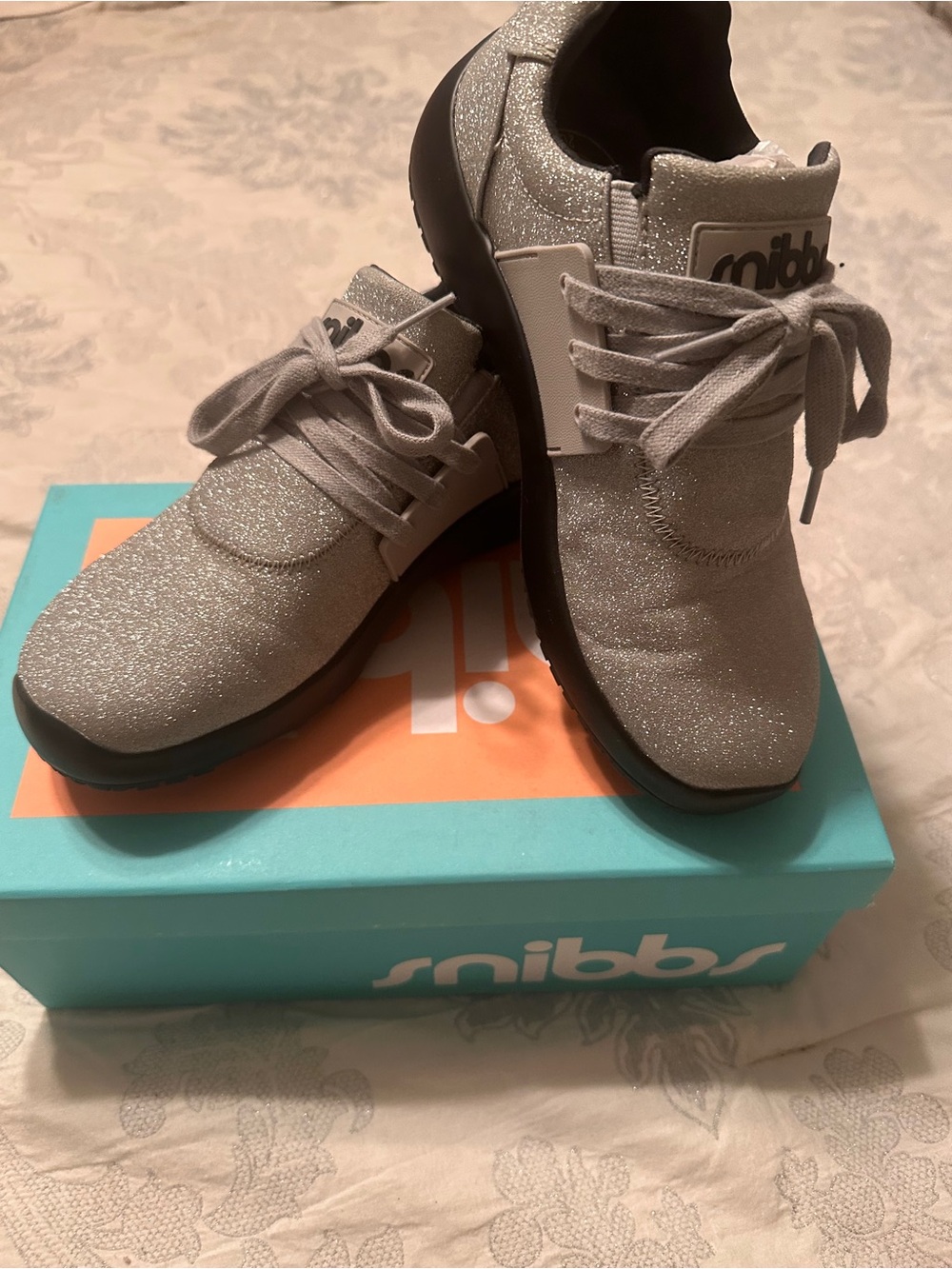 Snibbs Women's Silver Glitter Athletic Sneakers Non- skid